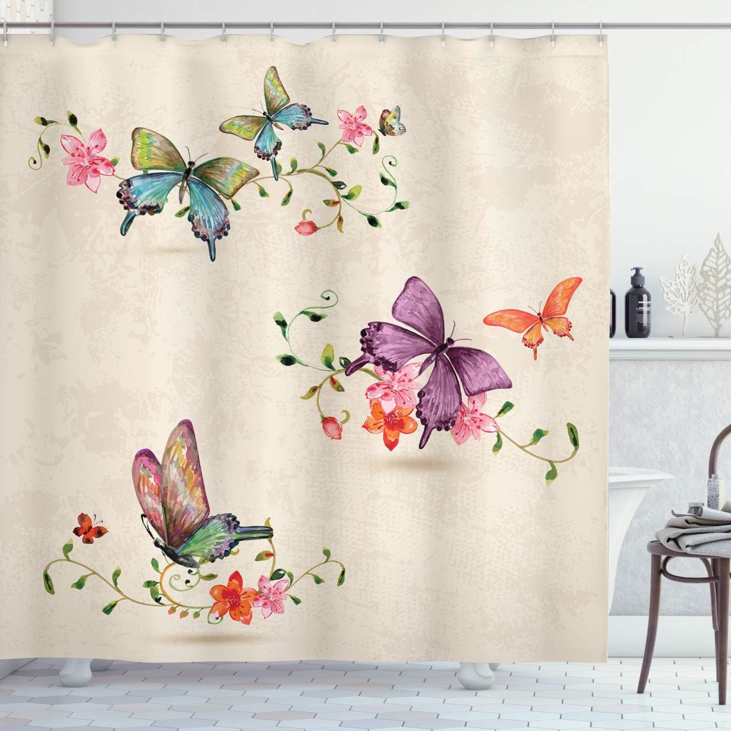 Cream Pink Butterfly Pattern Vintage Style Background Wings Moth Transformation Shower Curtain