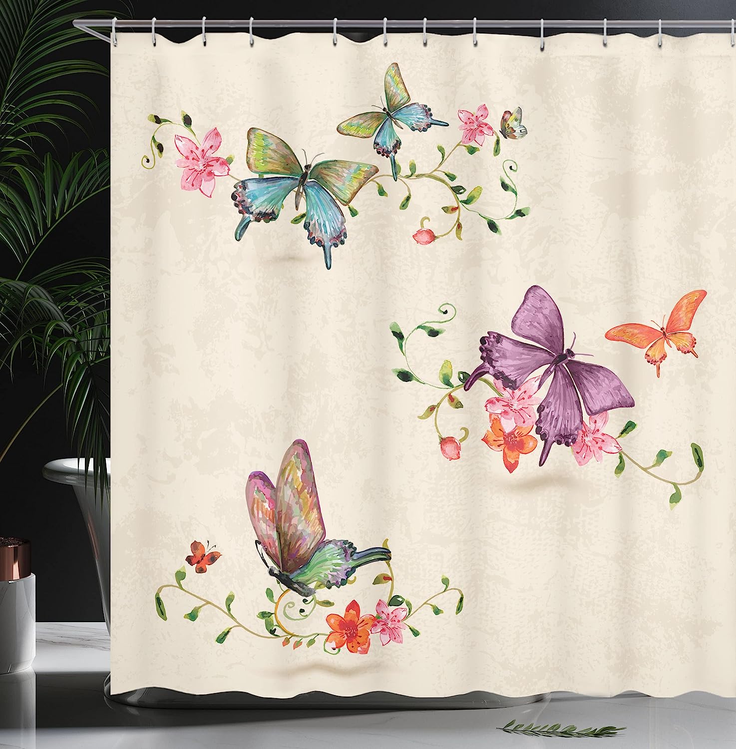 Cream Pink Butterfly Pattern Vintage Style Background Wings Moth Transformation Shower Curtain - Image 3