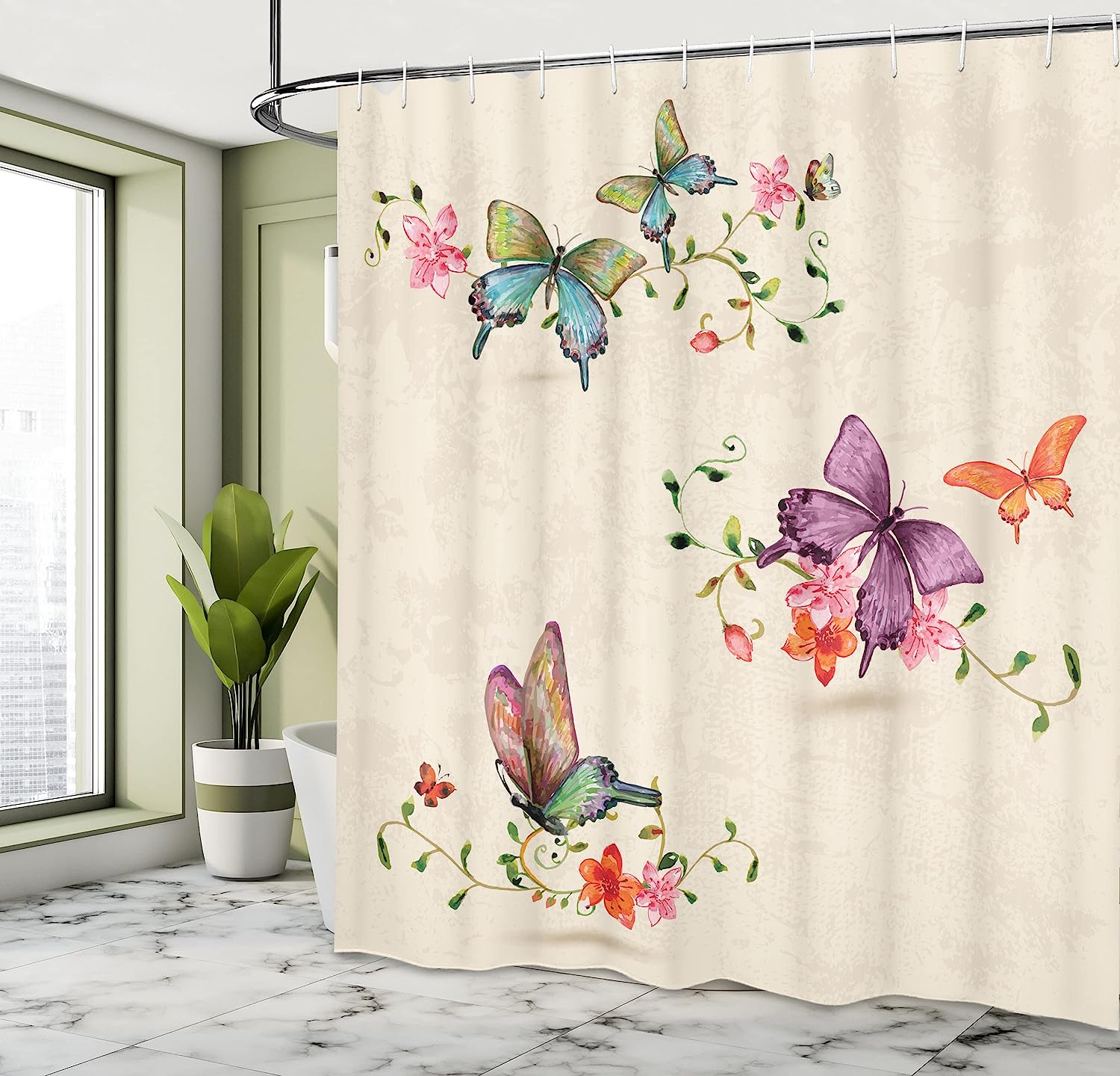 Cream Pink Butterfly Pattern Vintage Style Background Wings Moth Transformation Shower Curtain - Image 4