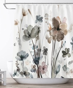 Cream White Grey Botanical Farmhouse Fabric Shower Curtain For Your Bathroom