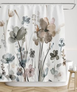 Cream White Grey Botanical Farmhouse Fabric Shower Curtain For Your Bathroom