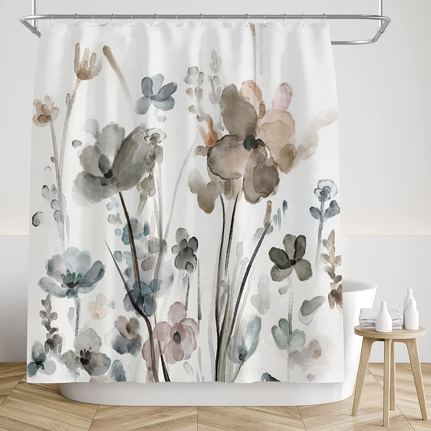 Cream White Grey Botanical Farmhouse Fabric Shower Curtain For Your Bathroom