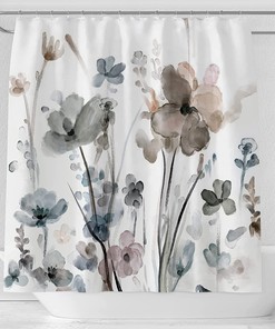 Cream White Grey Botanical Farmhouse Fabric Shower Curtain For Your Bathroom