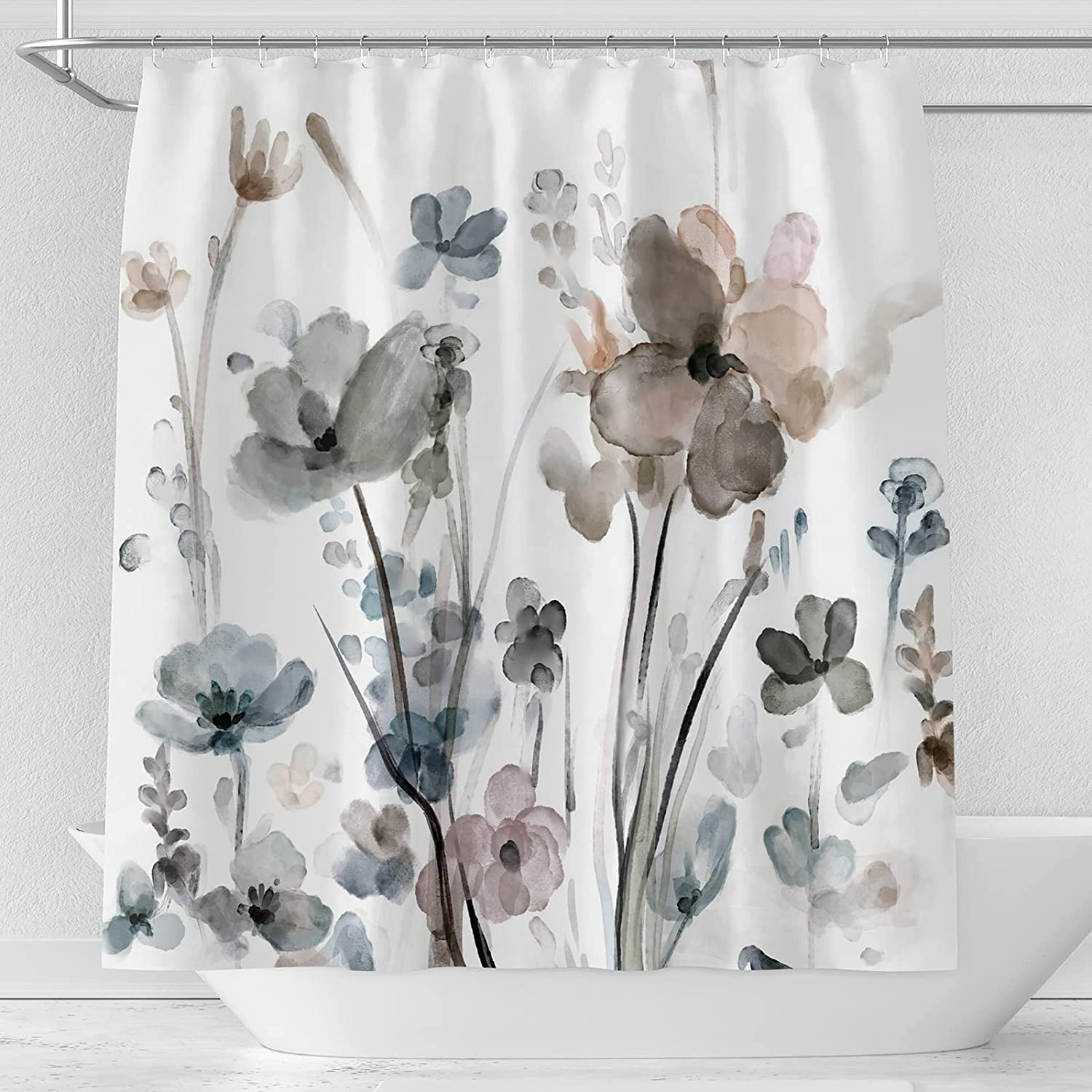 Cream White Grey Botanical Farmhouse Fabric Shower Curtain For Your Bathroom