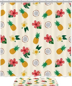 Creamy Red Flower Yellow Pineapple Shower Curtain with Waterproof Fabric for a Tropical Bathroom Dcor