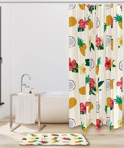 Creamy Red Flower Yellow Pineapple Shower Curtain with Waterproof Fabric for a Tropical Bathroom Dcor