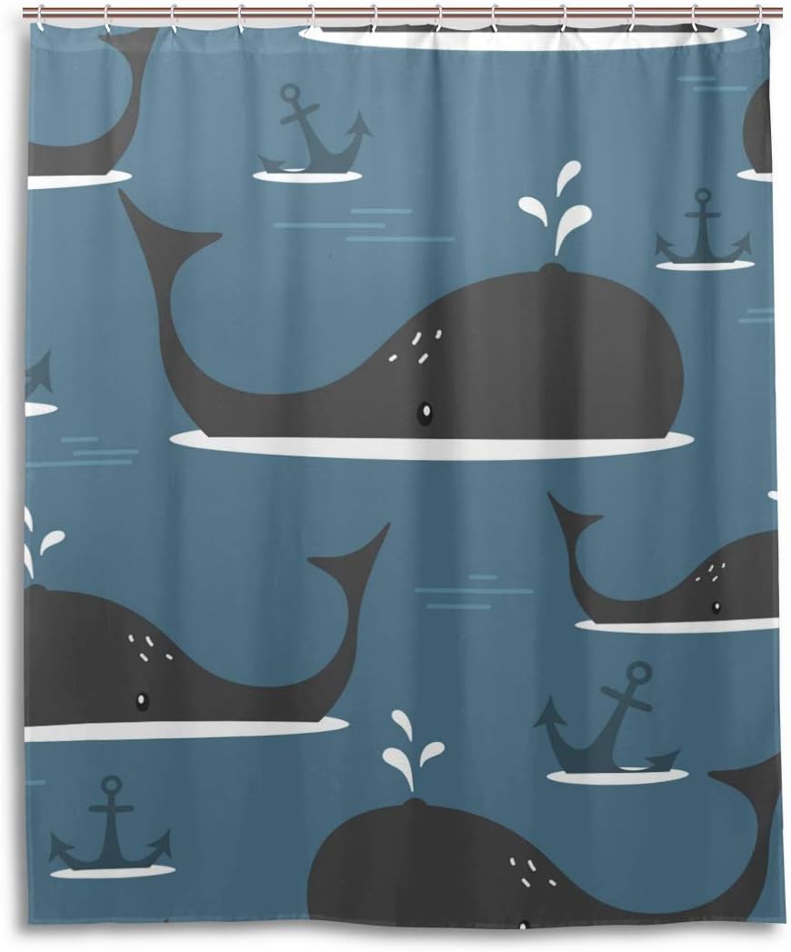 Create A Nautical Escape With Alaza Whale Anchor Waterproof Bathroom Curtain.