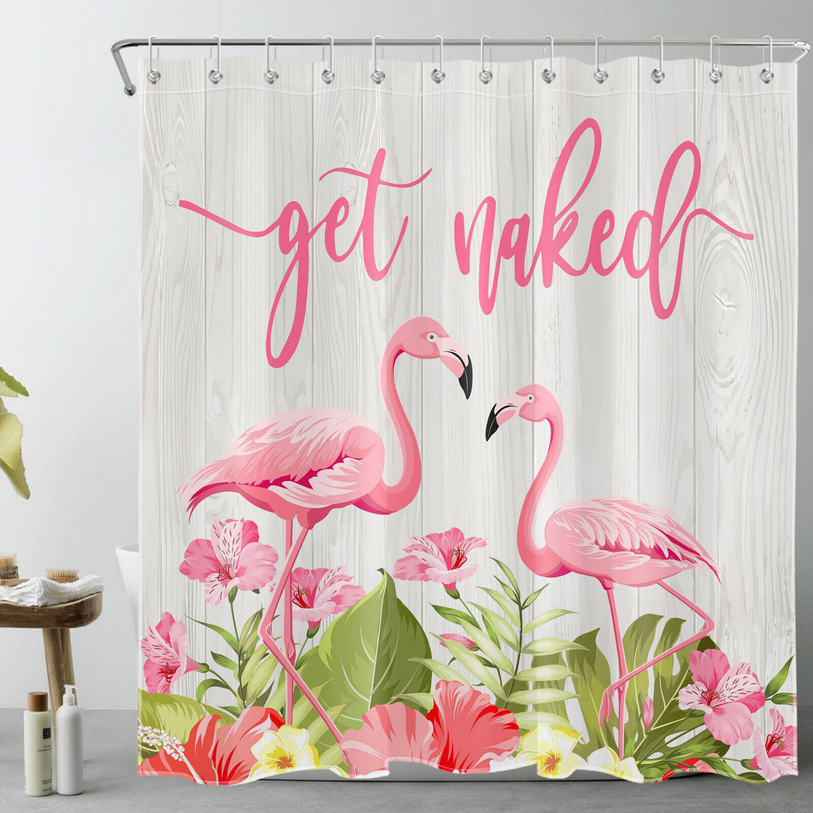 Create a Playful and Retro Ambiance with Monstera Pink Flamingo Rustic Shower Curtain