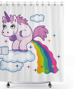 Creative And Colorful Kids Bathroom Decor Shower Curtain With Funny Unicorn Pooping Rainbow Over Clouds Print 