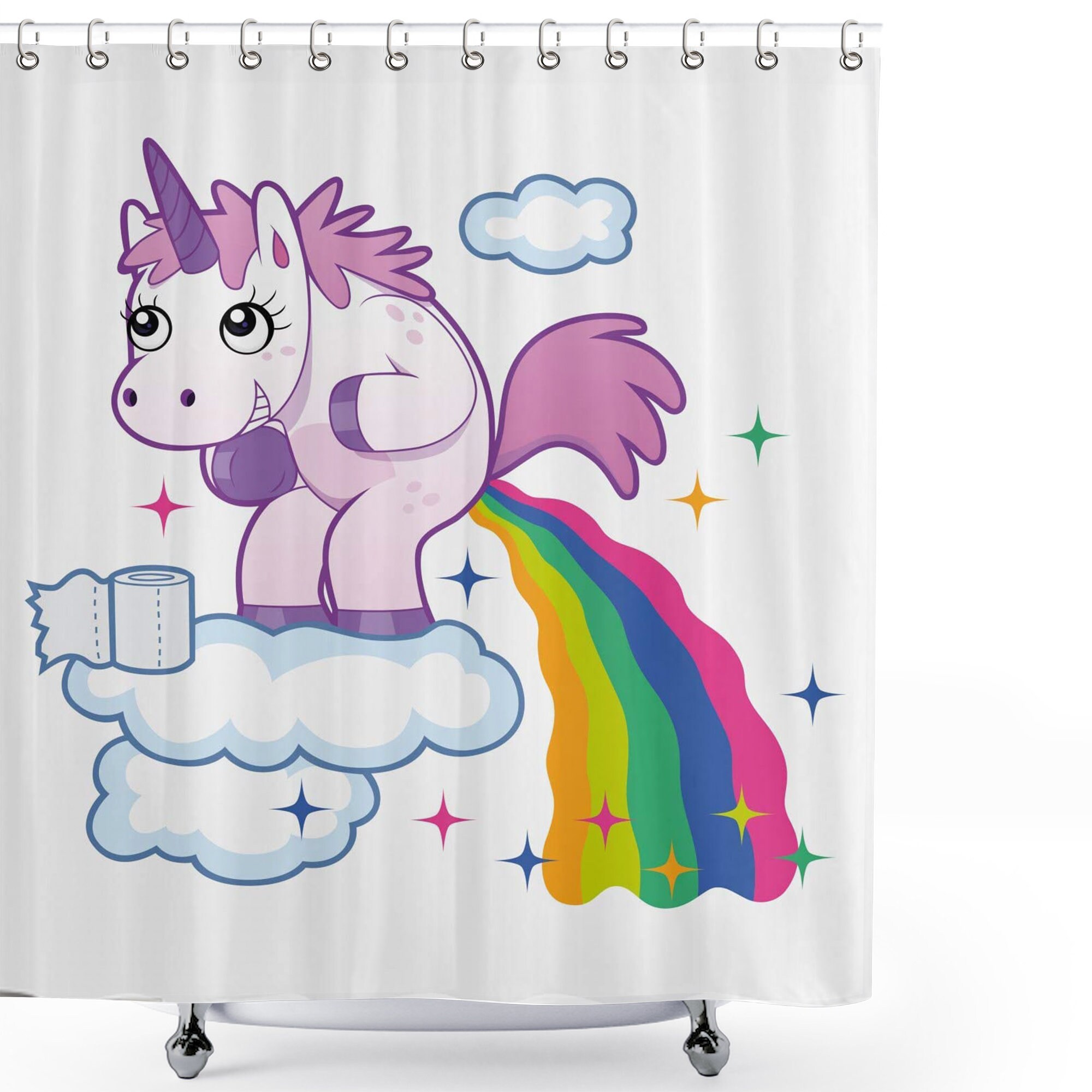 Creative And Colorful Kids Bathroom Decor Shower Curtain With Funny Unicorn Pooping Rainbow Over Clouds Print
