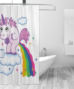 Creative And Colorful Kids Bathroom Decor Shower Curtain With Funny Unicorn Pooping Rainbow Over Clouds Print