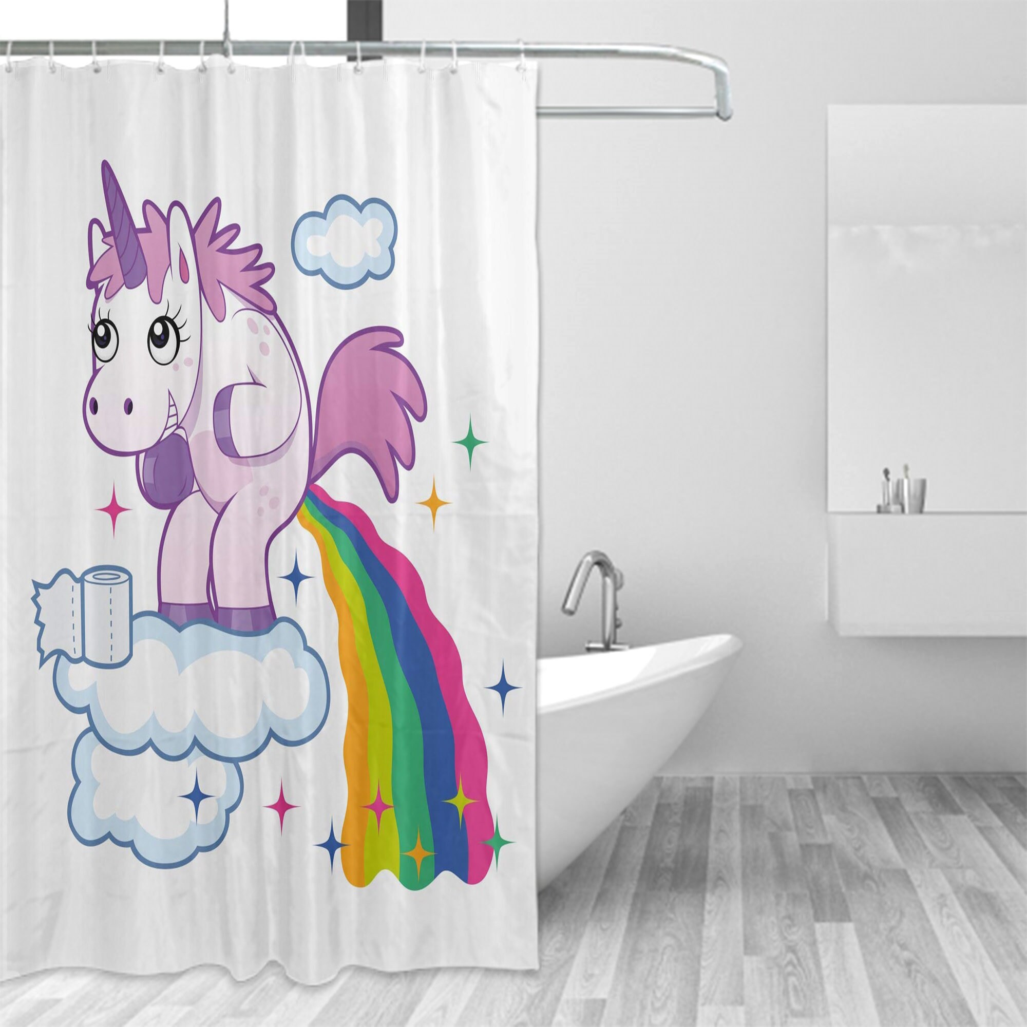 Creative And Colorful Kids Bathroom Decor Shower Curtain With Funny Unicorn Pooping Rainbow Over Clouds Print