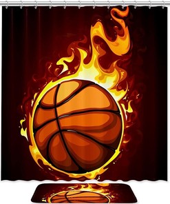 Creative Basketball Flame Print Shower Curtain- Waterproof Bathroom Curtain Decor