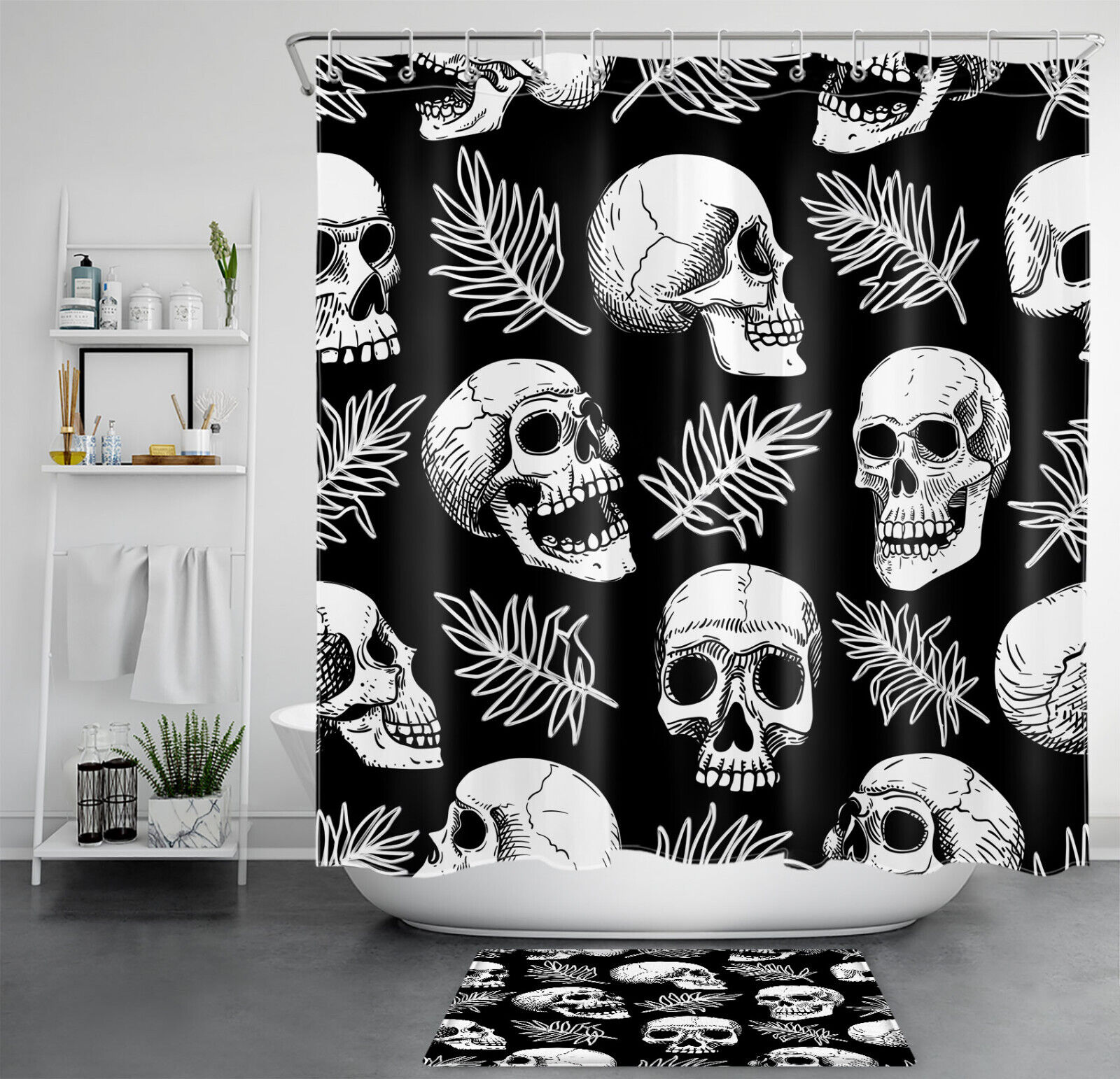 Creative Black And White Skull Print Shower Curtain For Bathroom Decor