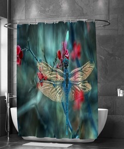Creative Blue Dragonfly On Flower Shower Curtain With Bath Decor Garden Background Design For Bathroom Decoration