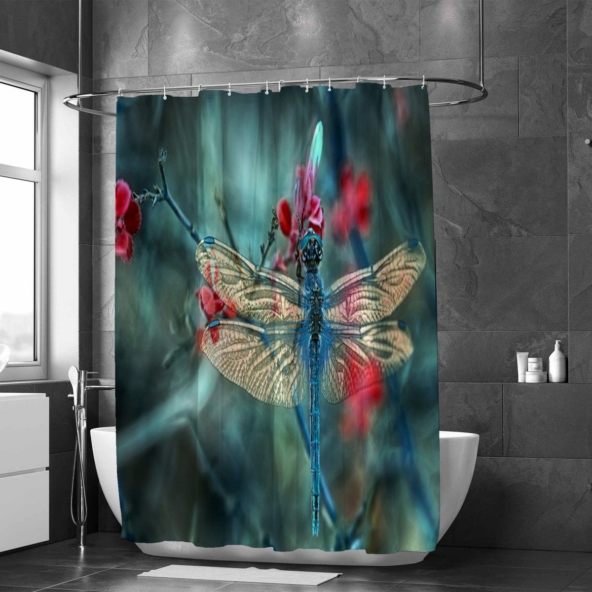 Creative Blue Dragonfly On Flower Shower Curtain With Bath Decor Garden Background Design For Bathroom Decoration