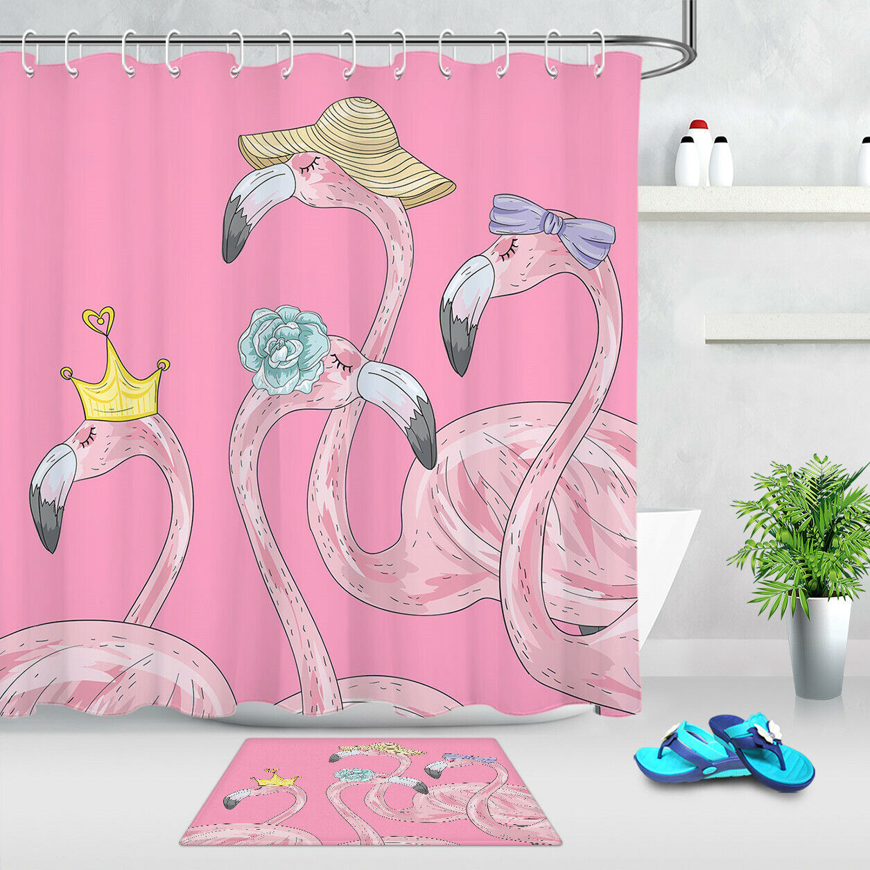 Creative Cartoon Pink Flamingos Shower Curtain | Valentine's Day Decor for Bathroom
