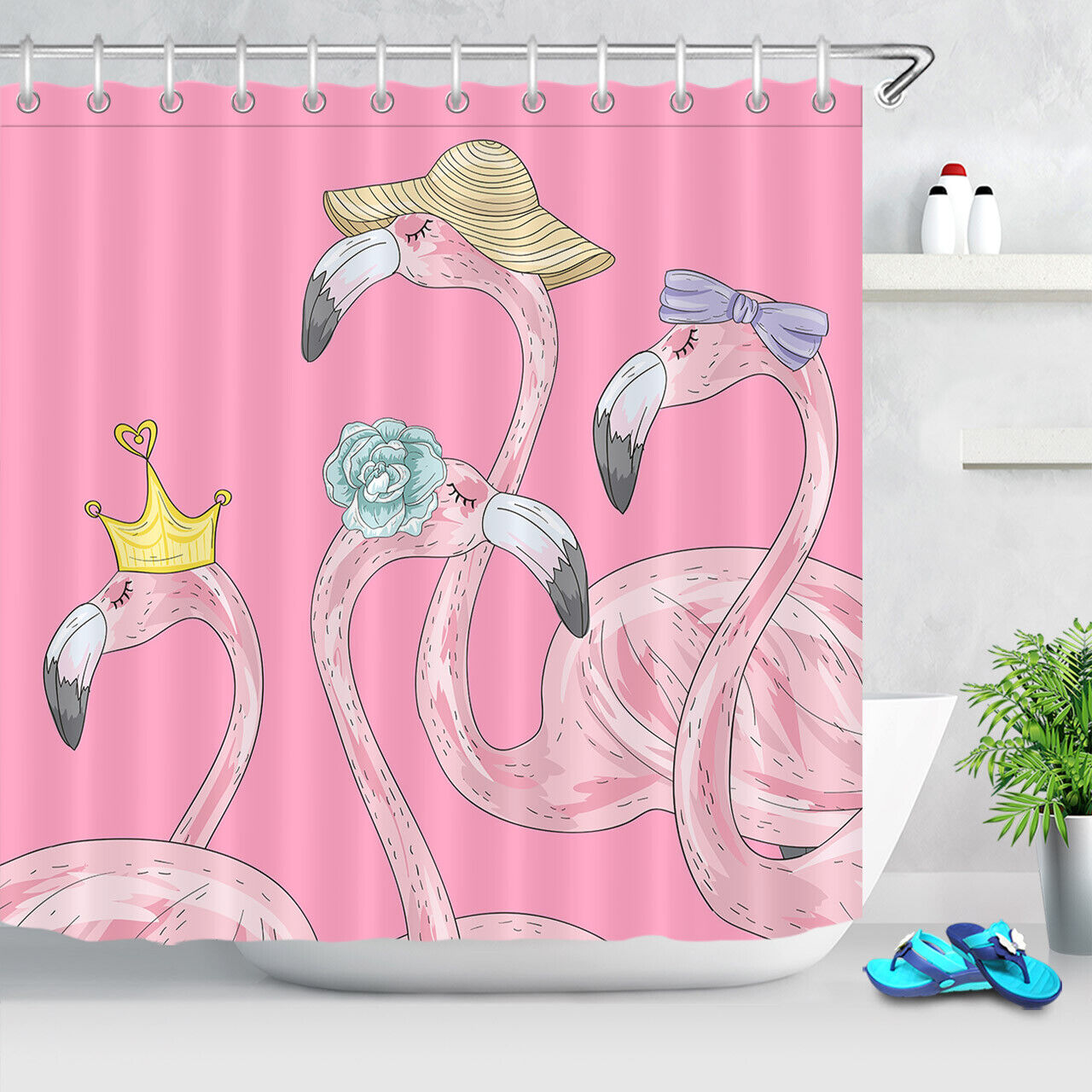 Creative Cartoon Pink Flamingos Shower Curtain | Valentine's Day Decor for Bathroom