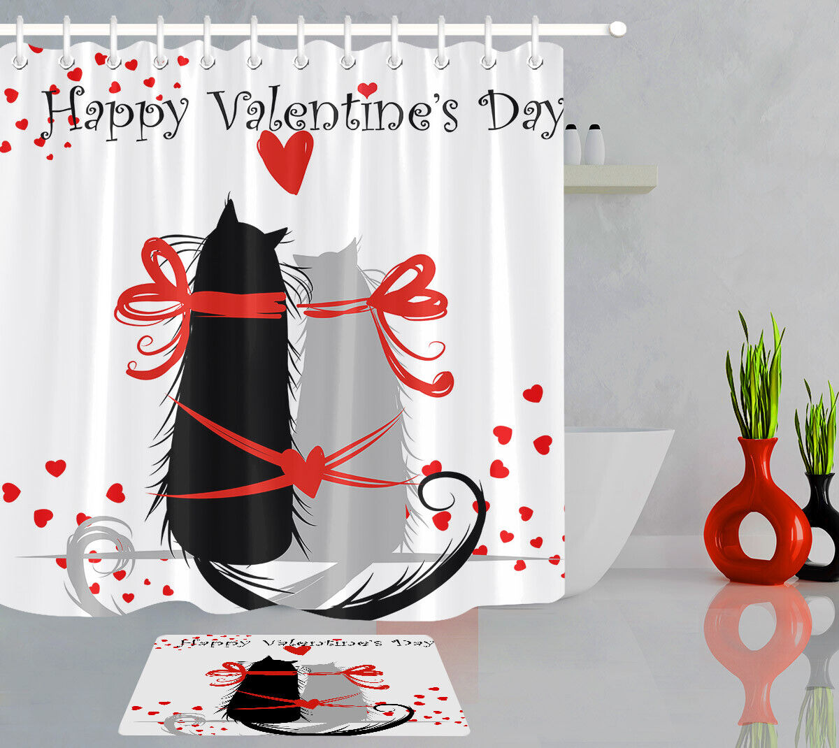 Creative Couple Cats Red Hearts Shower Curtain for Bathroom Decor
