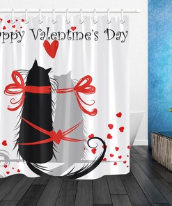 Creative Couple Cats Red Hearts Shower Curtain for Bathroom Decor