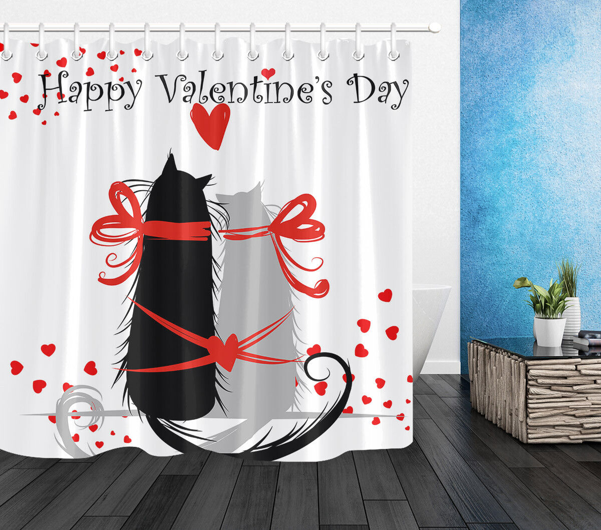 Creative Couple Cats Red Hearts Shower Curtain for Bathroom Decor