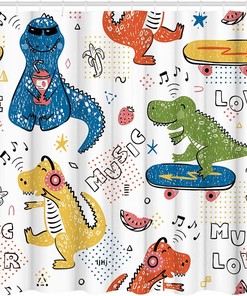 Creative Dino Hipster Music Lover Cartoon Shower Curtain Animal Set, Ideal For Kids