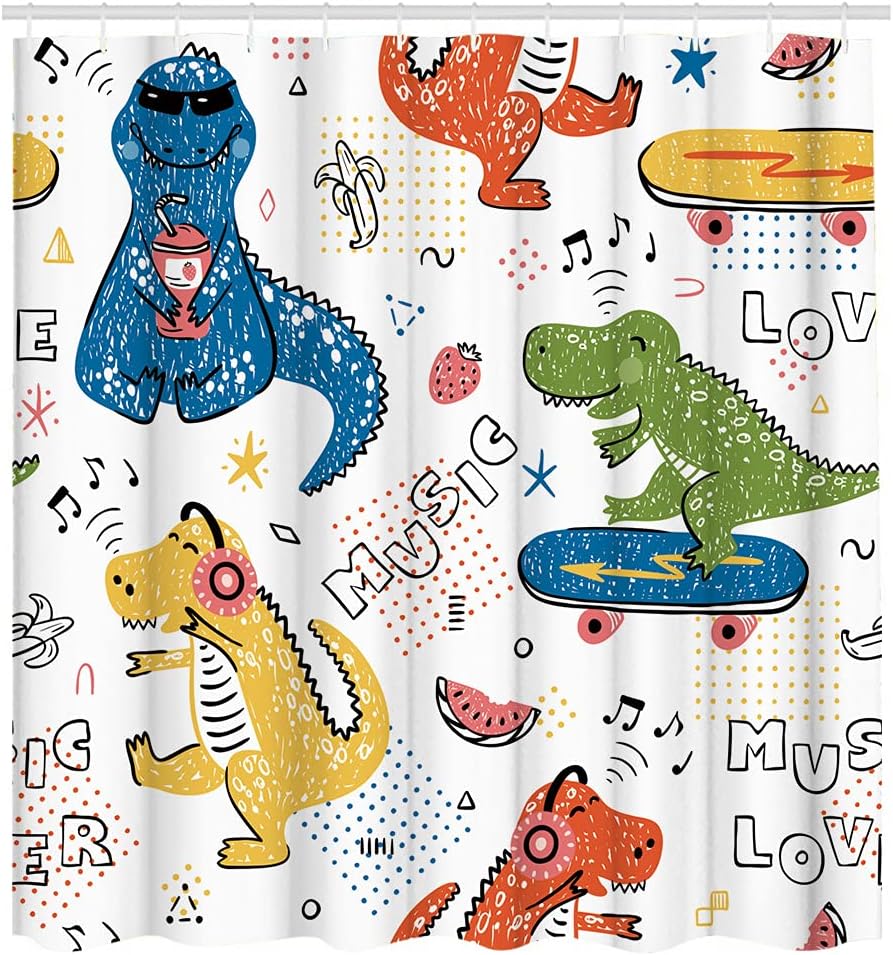 Creative Dino Hipster Music Lover Cartoon Shower Curtain Animal Set, Ideal For Kids