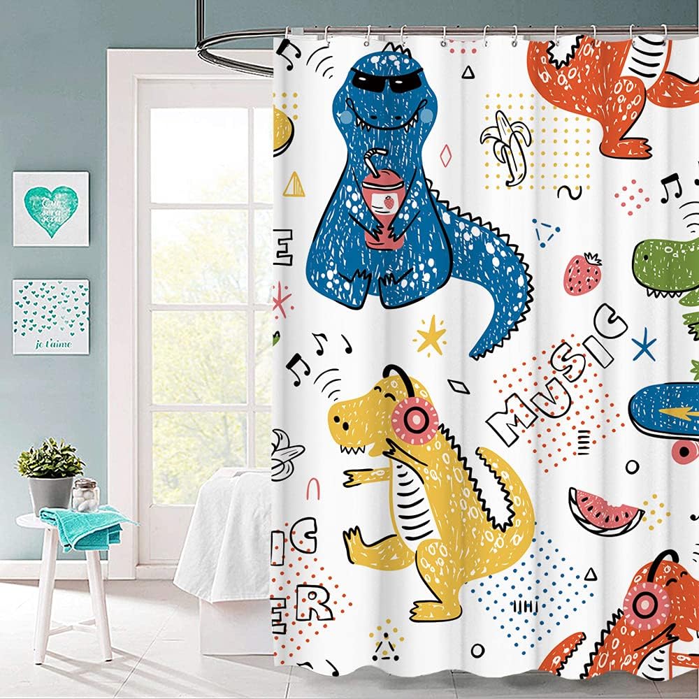 Creative Dino Hipster Music Lover Cartoon Shower Curtain Animal Set, Ideal For Kids - Image 2