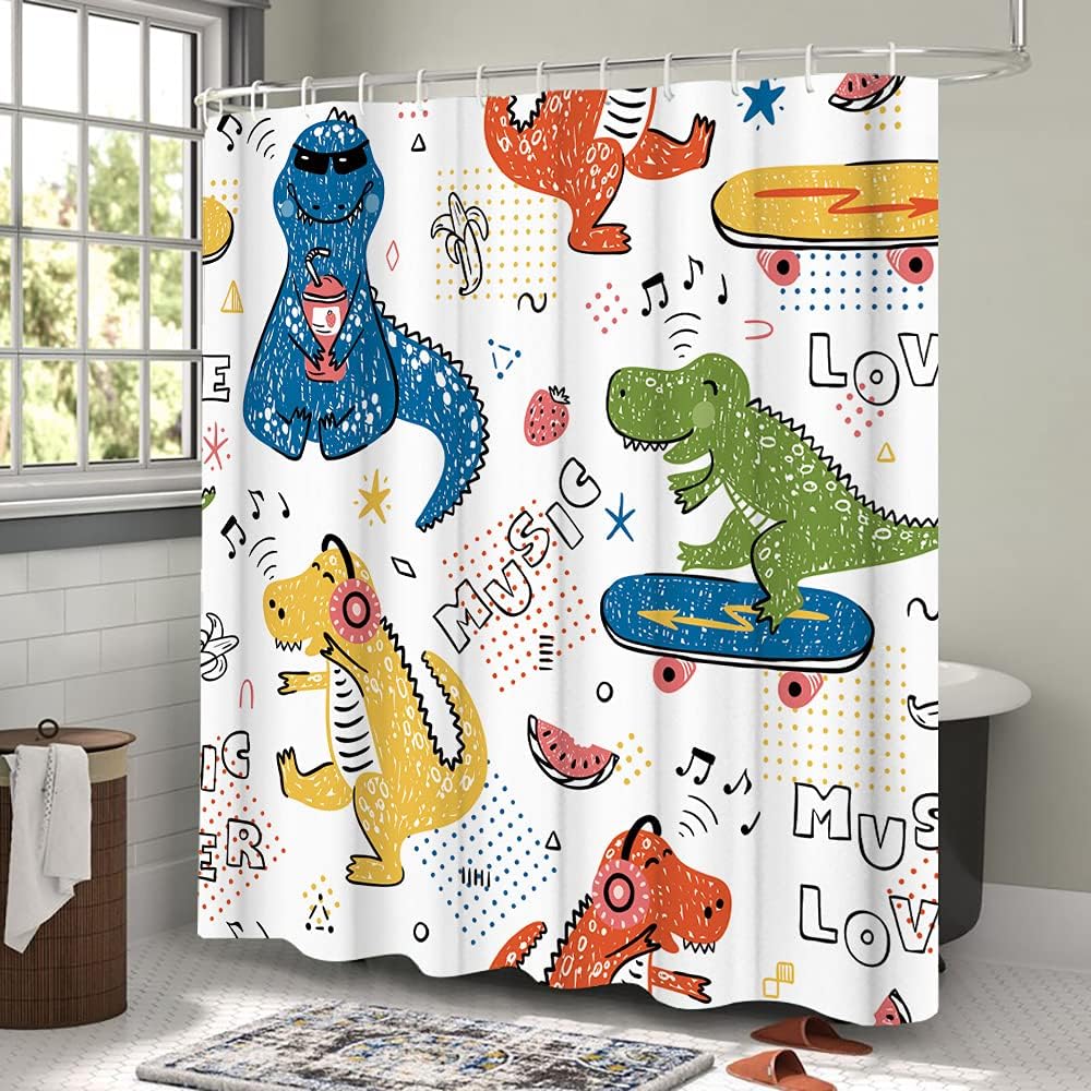 Creative Dino Hipster Music Lover Cartoon Shower Curtain Animal Set, Ideal For Kids - Image 3