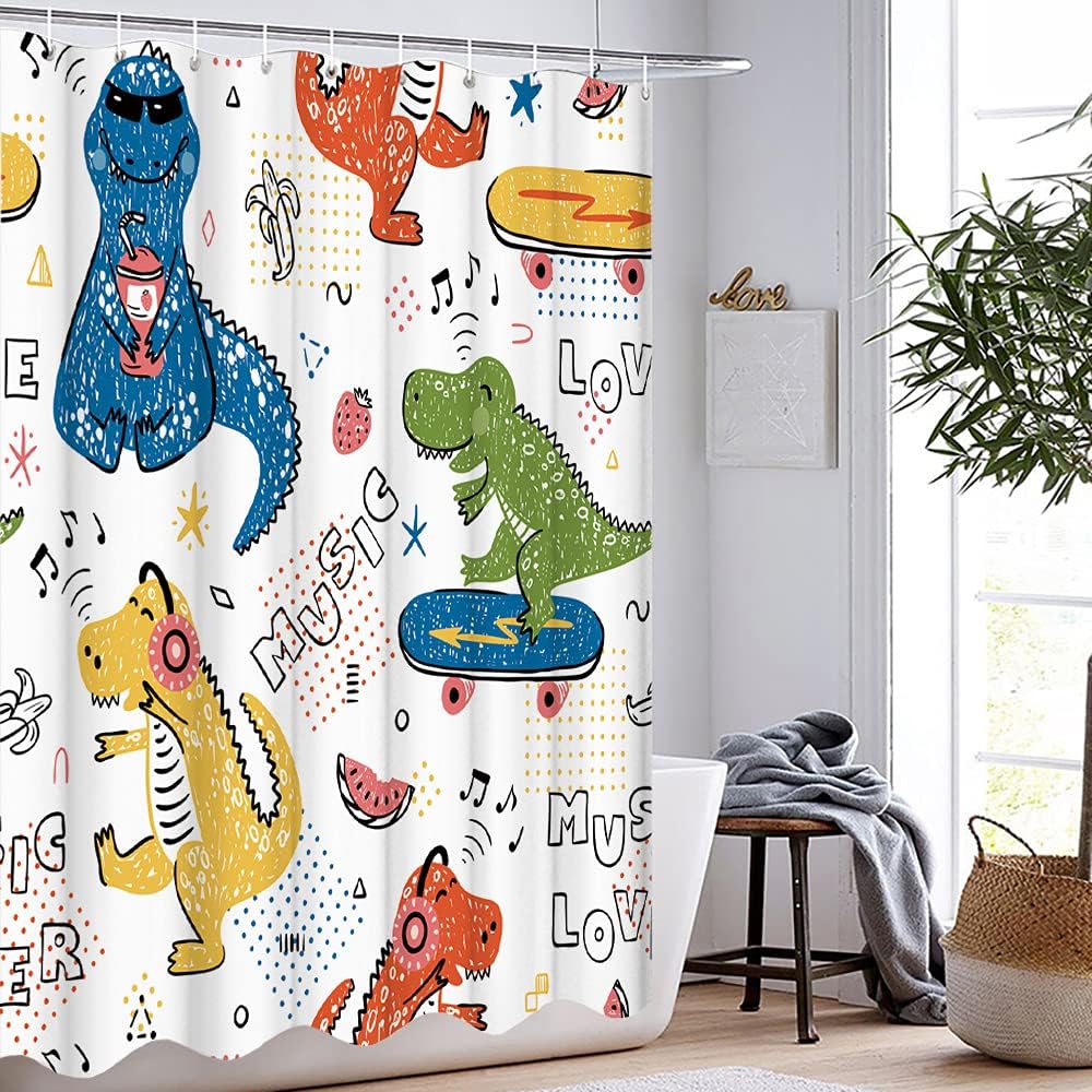 Creative Dino Hipster Music Lover Cartoon Shower Curtain Animal Set, Ideal For Kids - Image 4