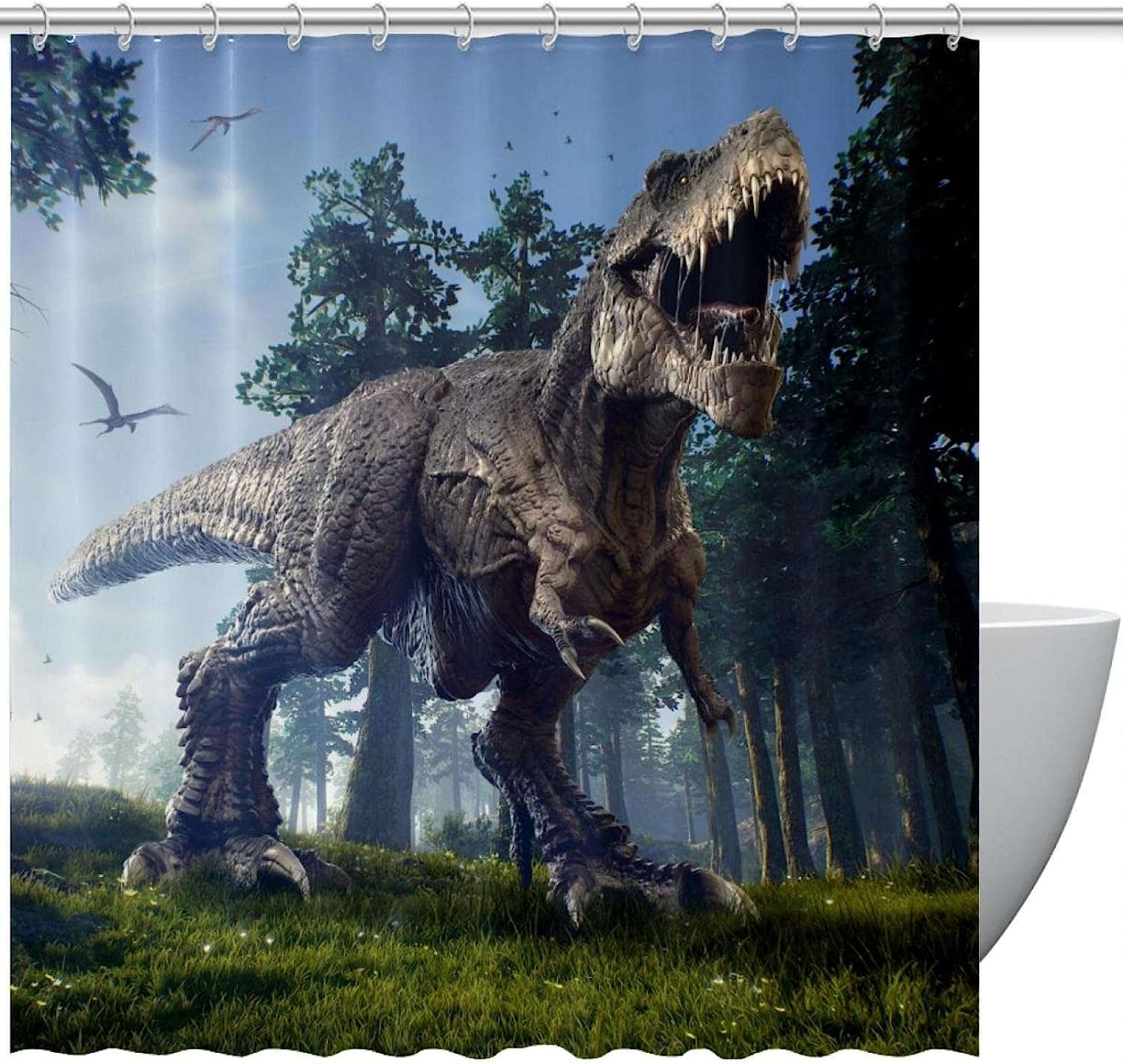 Creative Dinosaur And Forest Print Shower Curtain For Bathroom Decor
