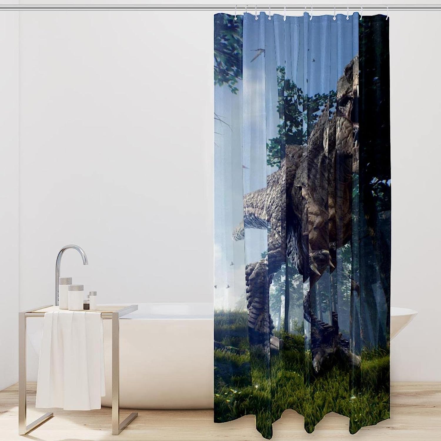 Creative Dinosaur And Forest Print Shower Curtain For Bathroom Decor - Image 2