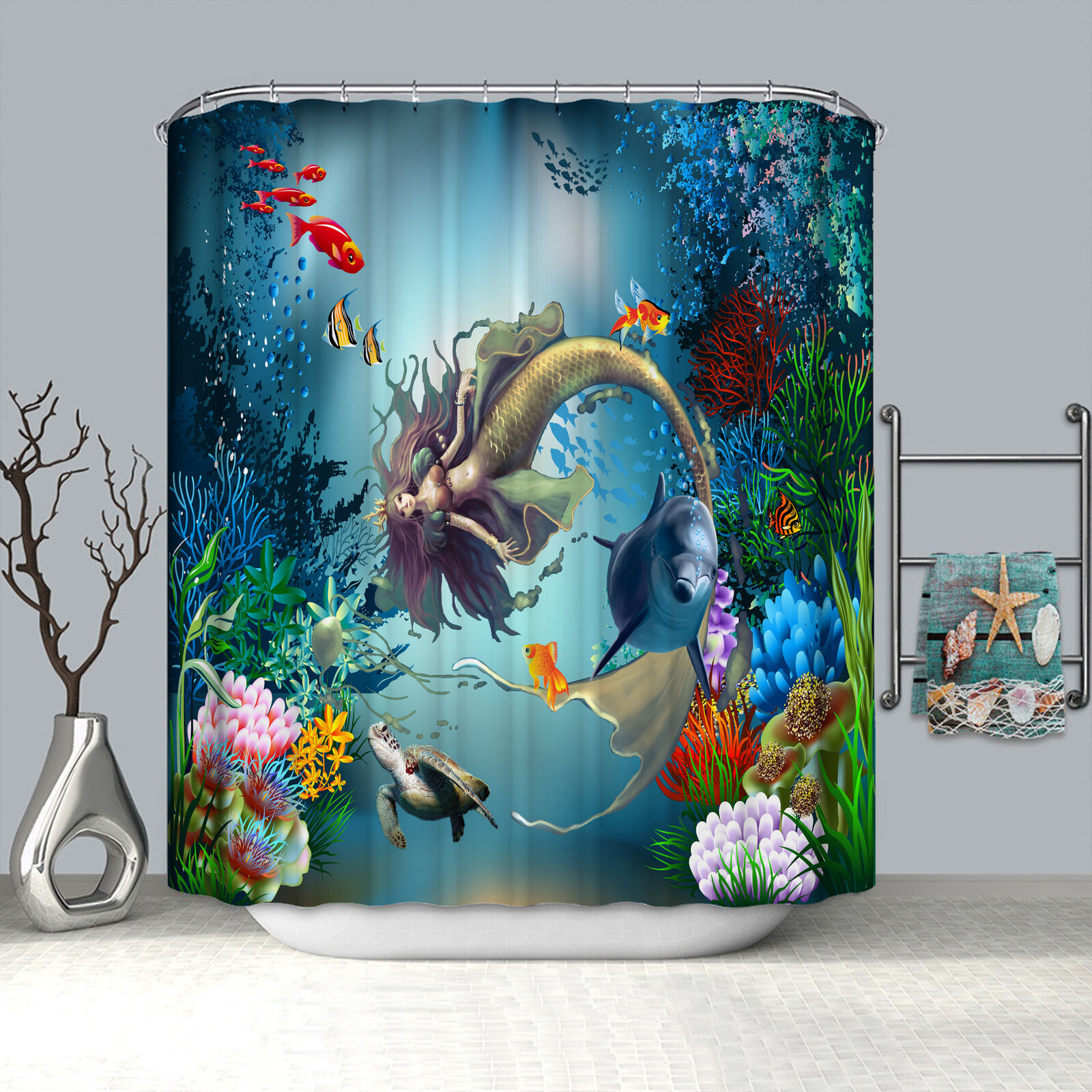 Creative Dolphin Mermaid Waterproof Shower Curtain For A Magical Bath Experience - Image 2