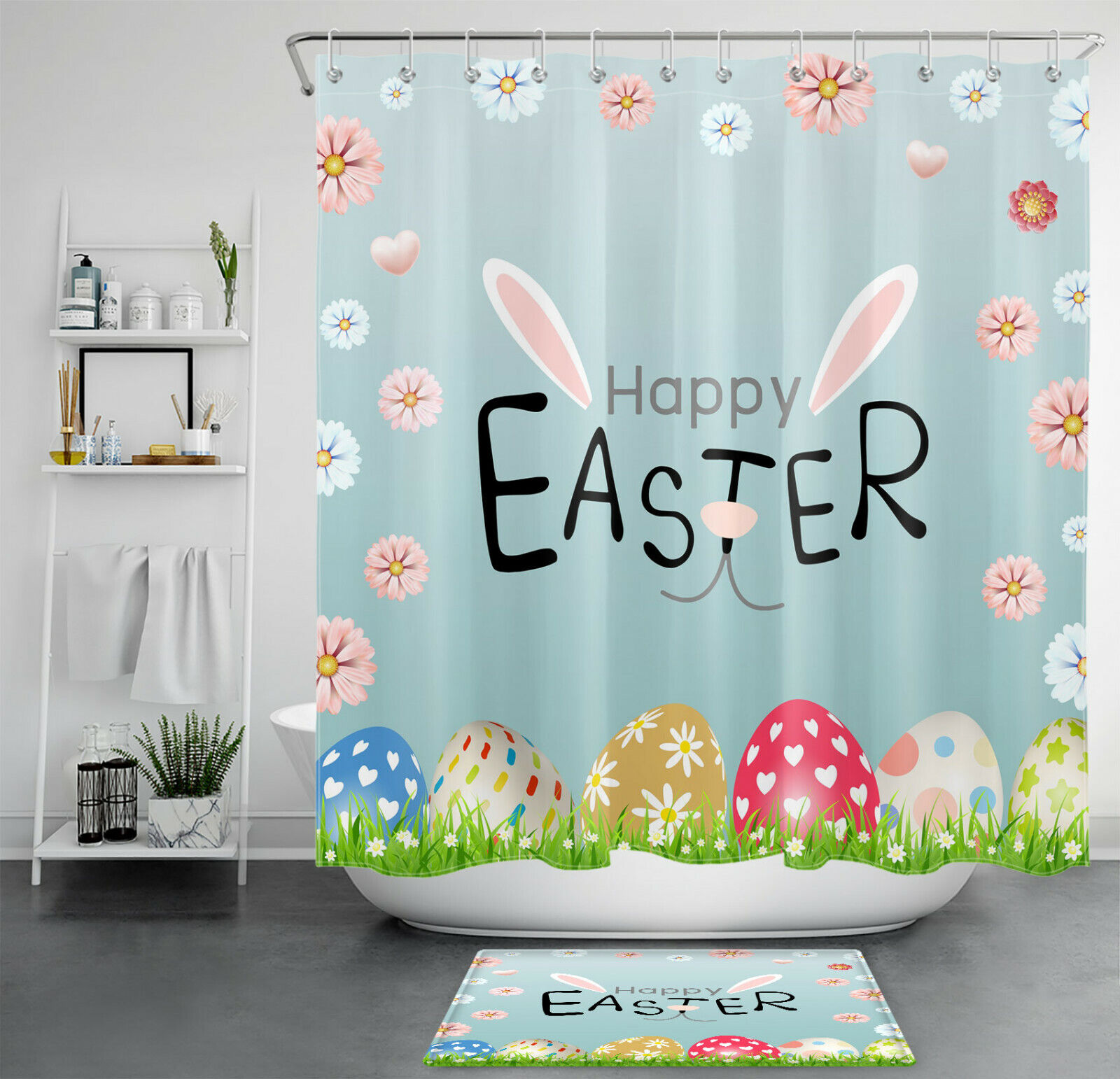 Creative Funny Easter Rabbit Shower Curtain With Green Grass For Bathroom Decor