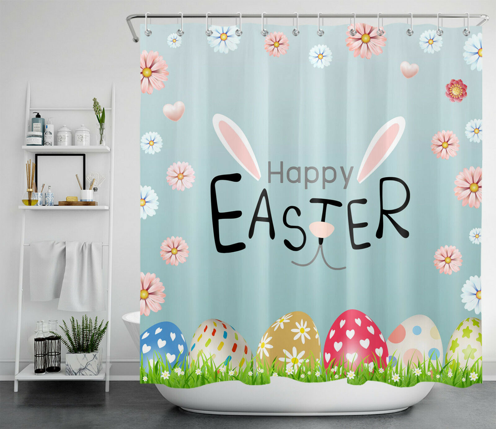 Creative Funny Easter Rabbit Shower Curtain With Green Grass For Bathroom Decor