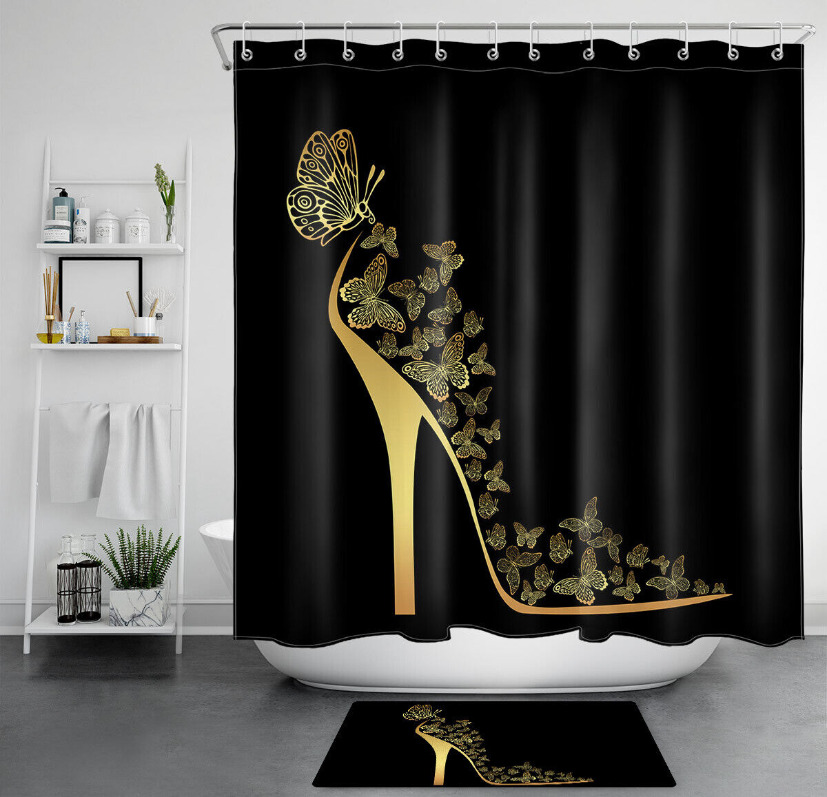 Creative High Heel Gold Butterfly Shower Curtain For Feminine Bathroom Decor