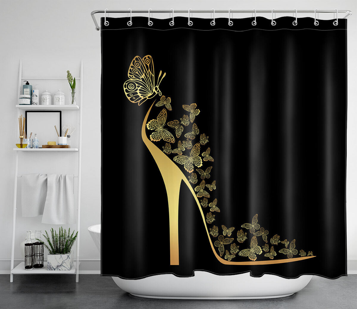 Creative High Heel Gold Butterfly Shower Curtain For Feminine Bathroom Decor - Image 2