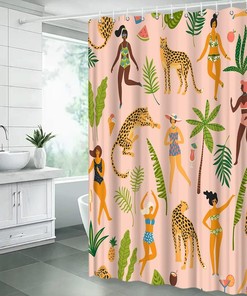 Creative Pink Leopard and Tropical Palm Leaves Shower Curtain for Safari Bathroom Decor