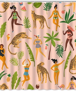 Creative Pink Leopard and Tropical Palm Leaves Shower Curtain for Safari Bathroom Decor