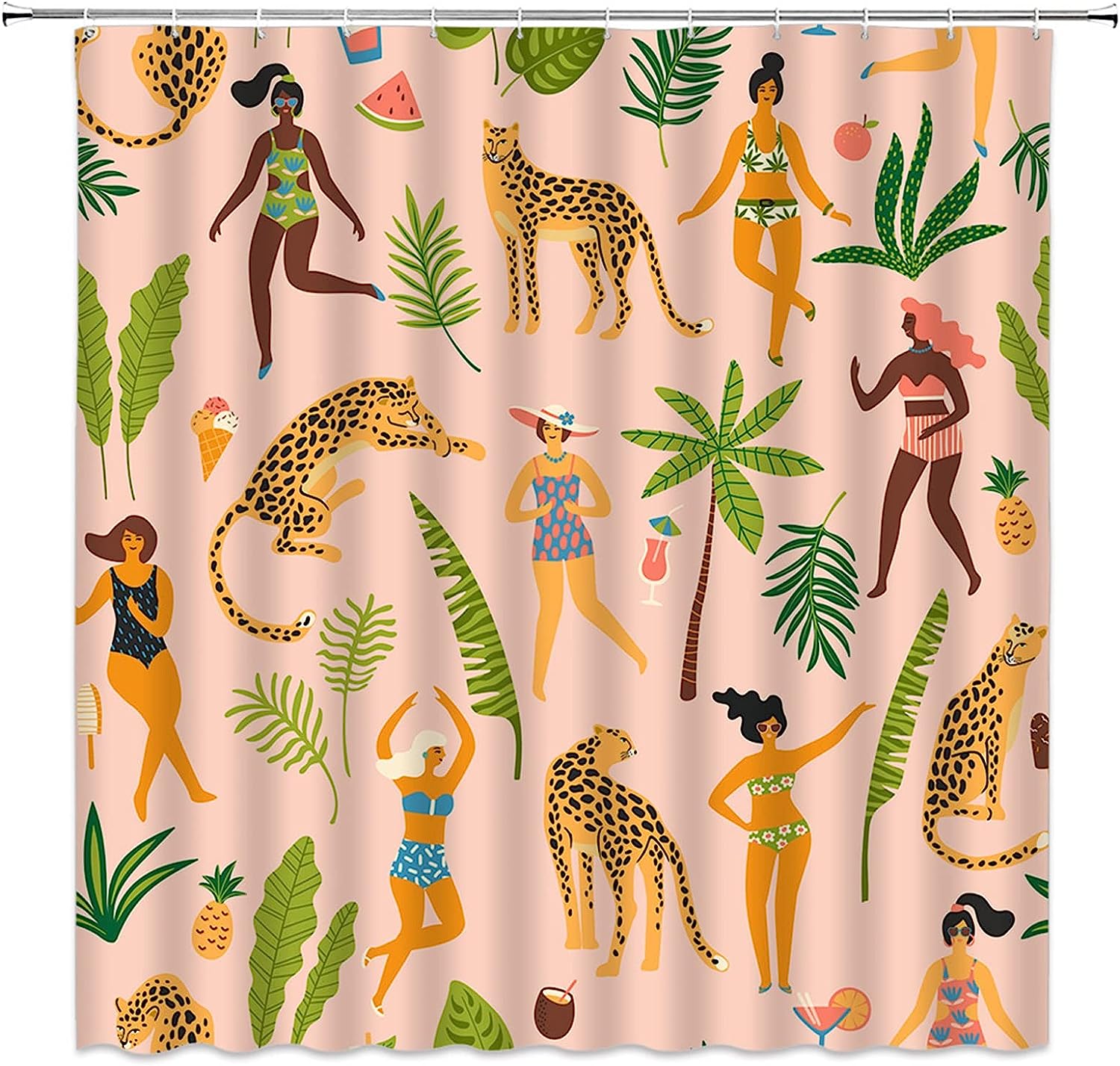 Creative Pink Leopard and Tropical Palm Leaves Shower Curtain for Safari Bathroom Decor