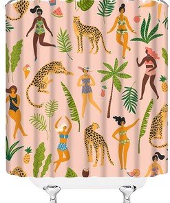 Creative Pink Leopard and Tropical Palm Leaves Shower Curtain for Safari Bathroom Decor