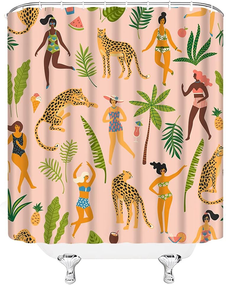 Creative Pink Leopard and Tropical Palm Leaves Shower Curtain for Safari Bathroom Decor