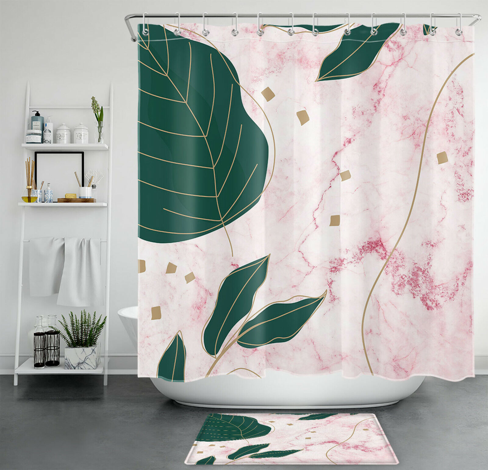 Creative Pink Marble Texture Shower Curtain with Palm Leaf Design for Your Modern Bathroom