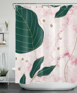 Creative Pink Marble Texture Shower Curtain with Palm Leaf Design for Your Modern Bathroom