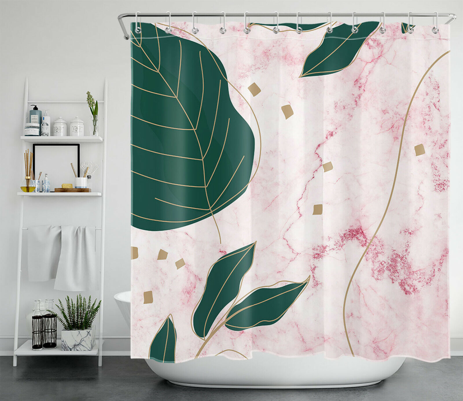 Creative Pink Marble Texture Shower Curtain with Palm Leaf Design for Your Modern Bathroom
