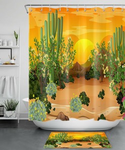 Creative Shower Curtain with Green Tree Flower Cactus Design, Perfect for any Nature Lover