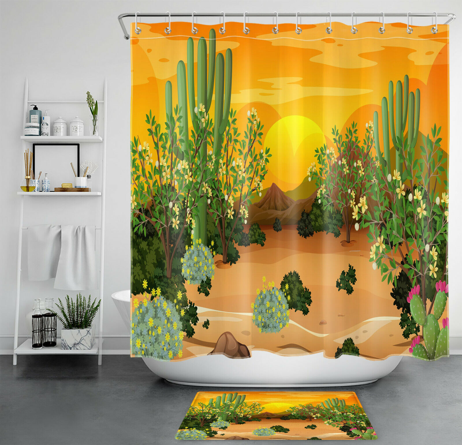 Creative Shower Curtain with Green Tree Flower Cactus Design, Perfect for any Nature Lover