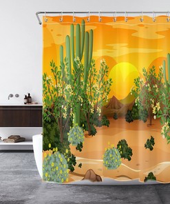 Creative Shower Curtain with Green Tree Flower Cactus Design, Perfect for any Nature Lover