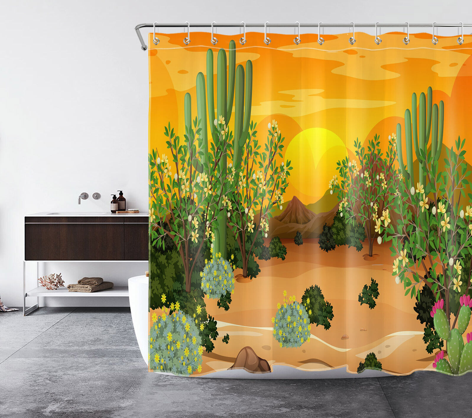 Creative Shower Curtain with Green Tree Flower Cactus Design, Perfect for any Nature Lover