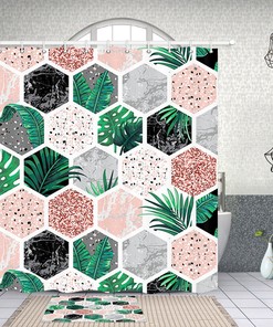 Creative Tropical Beehive Leaves Bathroom Decoration Curtain with 12 Hooks
